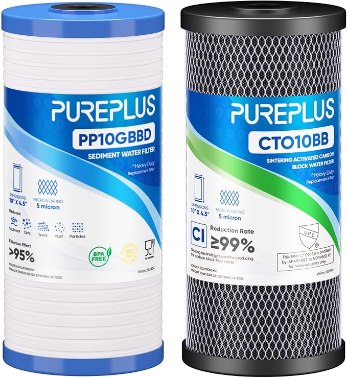 PUREPLUS 5 Micron 4.5"x10" Whole House Water Filter Combo Kit with Grooved Sediment and Activated Carbon Block Filter, Replacement for AP810, AP811, WFHDC8001, CB-BB-10, FXHTC, GXWH40L, 1PACK
