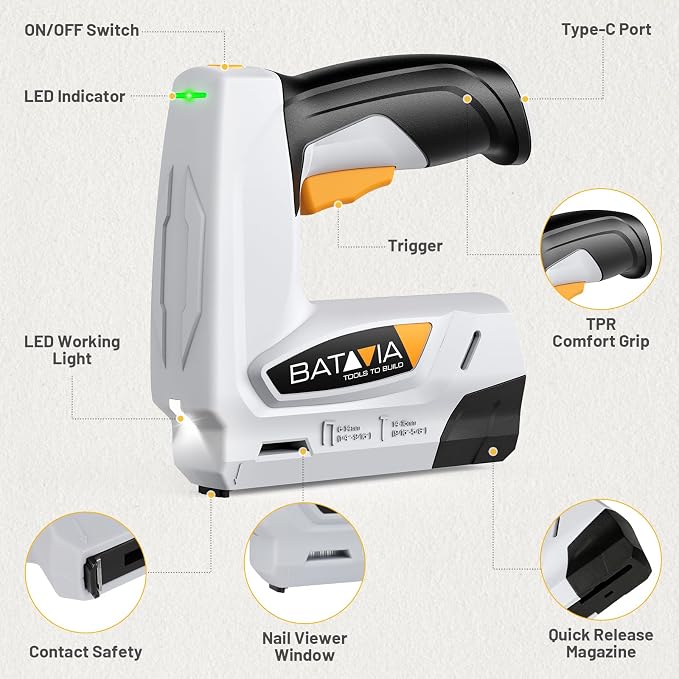 BATAVIA Electric Staple Gun, 2-in-1 Cordless T50 Stapler & Brad Nailer with 2000PCS Staples and Nails, 2000mAh Battery Powered, 4V Electric Stapler for Upholstery, Wood, DIY, Home Improvement