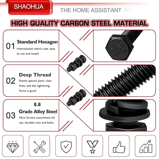 M3 M4 M5 M6 M8 M10 M12 Metric Bolt Assortment, Grade 8.8 Carbon Steel Hex Head Nuts and Bolts Assortment Kit, Hex Head Screw Bolt, Nuts, Flat & Lock Washers, Black, 328PCS