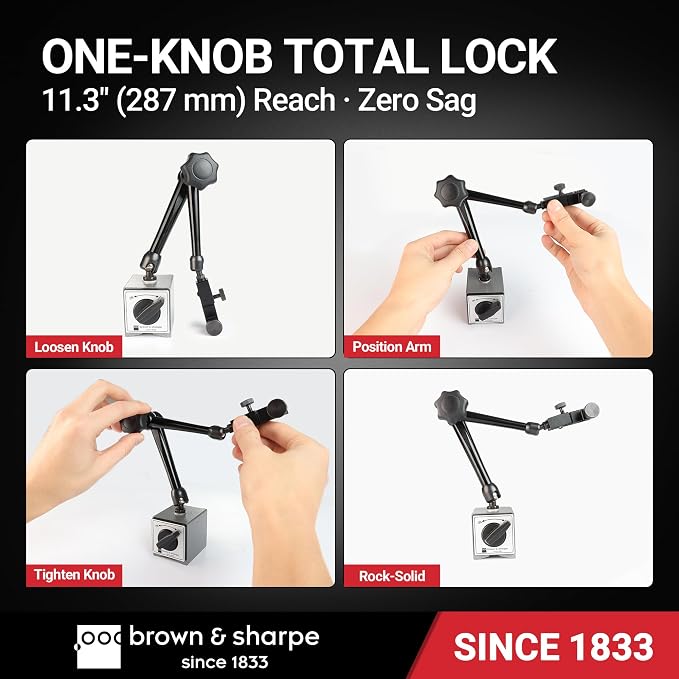 Brown & Sharpe Industrial-Strength Adjustable Magnetic Base Stand for Digital Dial Indicator, Heavy Duty Dial Gage Holder with Swivel clamp, Fine Adjustment, Quick Release
