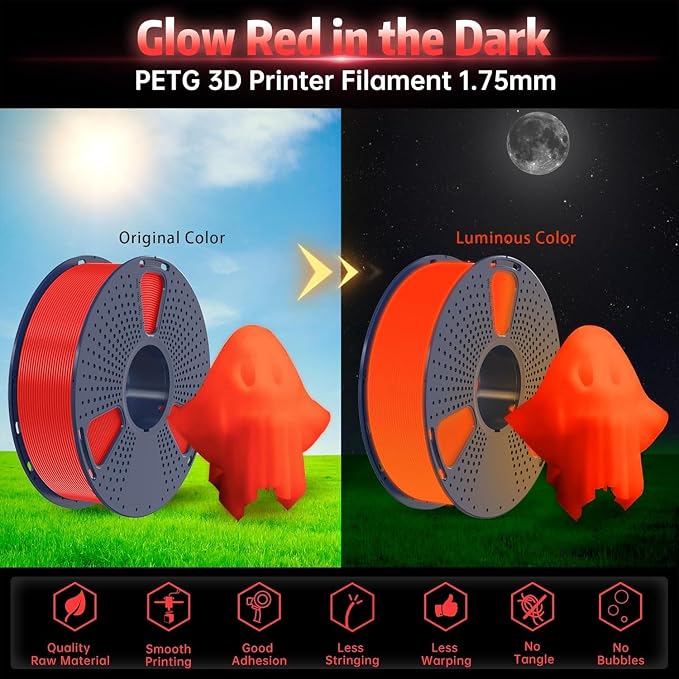 SUNLU PETG Glow in The Dark Filament, Luminous 3D Printer Filament 1.75mm, High Brightness and High Impact Strength Glows Filament, Dimensional Accuracy +/- 0.02mm, 1kg Spool. (Red PETG, Glow Red)