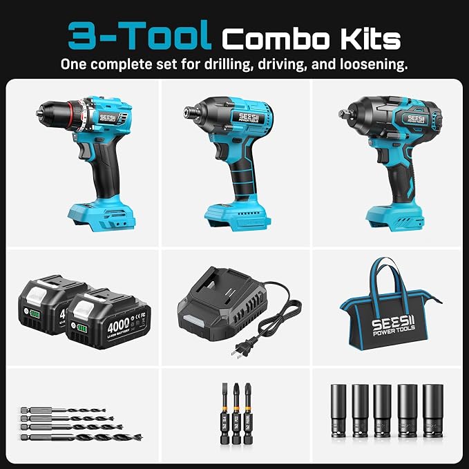 Seesii Power Tool Combo Kits,1000N.m Impact Wrench1/2, 3/8" 180N.m Impact Driver and 1/4" 50N.m Impact Drill, Brushless, 2 * 4000mAh Bartteris,Fast Charger,Impact Gun For Car Home DIY