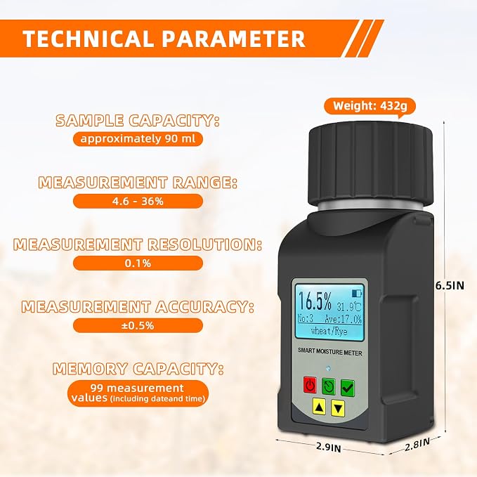 Grain Moisture Meter Tester, Digital Portable Grain Moisture Analyzer for 25 Grains, with Backlit LCD Display, Voice Broadcast, Data Logging, Temperature Test for Coffee Wheat Corn Rice Farm Crops