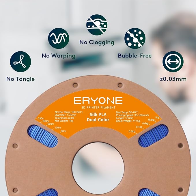 ERYONE Silk Dual Color PLA Filament 3D Printer 1.75mm +/- 0.03mm, Bicolor Filament Two Tone PLA 1KG(2.2lbs) Cardboard Spool, Blue Green