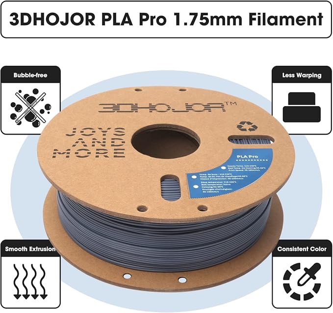 3DHoJor PLA Pro (Plus) Filament 1.75mm, 3D Printer Filament PLA+, Cardboard Spool 3D Printing Filament, Dimensional Accuracy +/- 0.03 mm, Grey, 1kg