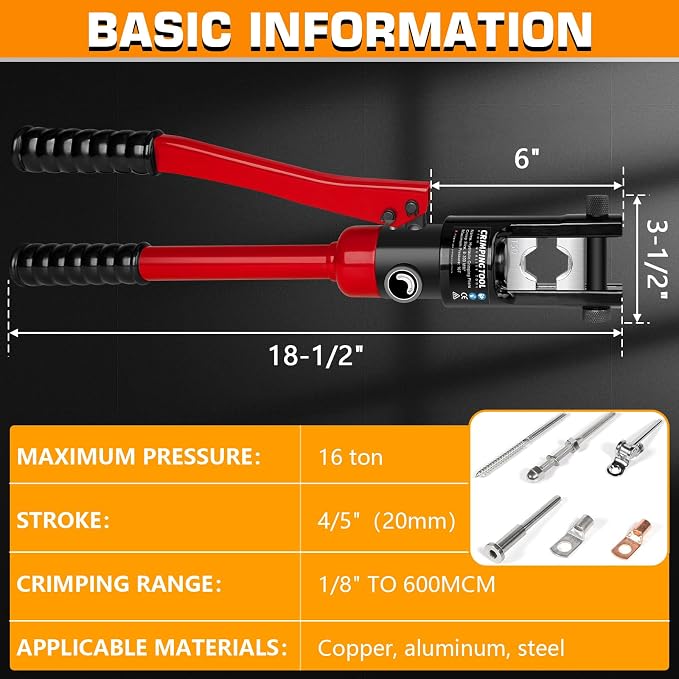 Hydraulic Crimping Tool, 16 Tons Wire Crimping Tool Kit with Cable Cutter | With 13 Pairs of Dies, 12 AWG to 600 MCM, Wire Rope Crimping Tool for Battery Cable Ends Ring Terminals, Red