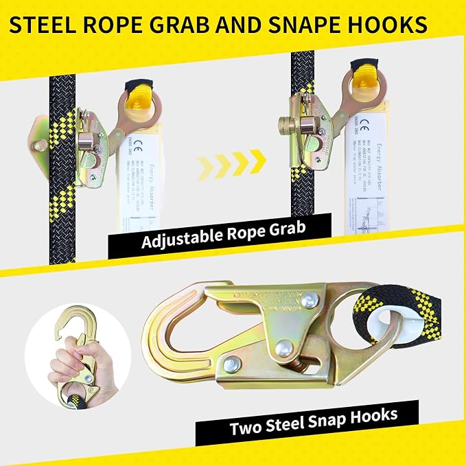 100FT Fall Protection Safety Rope, Heavy Duty Vertical Lifeline Assembly with Grab Snap Hooks Shock Absorber, Safety Lanyard for Roofing Tree Climbing Construction
