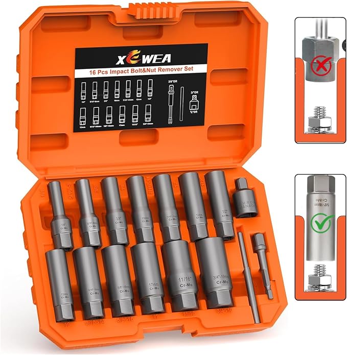 16PCS 3/8" Drive Deep Bolt Extractor Set, Impact Bolt Nut Remover Set, Stripped Lug Nut Extraction Socket Set For Narrow Space Removing Broken, Damaged, Frozen, Rusted, Rounded-Off Bolts, Nuts, Stud