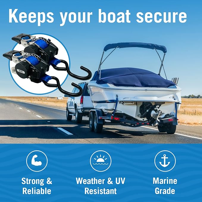 Stainless Steel Retractable Ratchet Straps, Heavy Duty Set, 1 Inch x 72 Inch, 2 Transom Tie-Downs with Mounting Brackets and Bolts, Auto Self-Retracting Buckle for Boat Trailer and Cargo