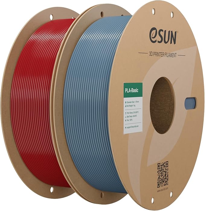 eSUN PLA Basic Filament 1.75mm, 2 * 1KG Spool (2.2 LBS) 3D Printer PLA Filament, Fits for Most FDM 3D Printers, Fire Engine Red+Grey Bundle Set