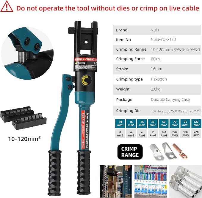 YQK-120 Hydraulic Crimping Tool 8T, Wire Crimper for Battery Cable Terminals 10-120mm²(8 AWG to 4/0 AWG) with 8PCS Hex Dies, 16mm Stroke,180°Swivel Head - Professional Electrician Crimper(Blue)