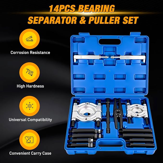 GOOACC 14pcs Bearing Puller Kit, 5 Ton Capacity Bearing Separator with 2" and 3" Jaws, Wheel Bearing Removal and Hub Axle Puller Set, Heavy Duty Gear Splitter Tool Kit, Pinion Pullers with Case, Blue