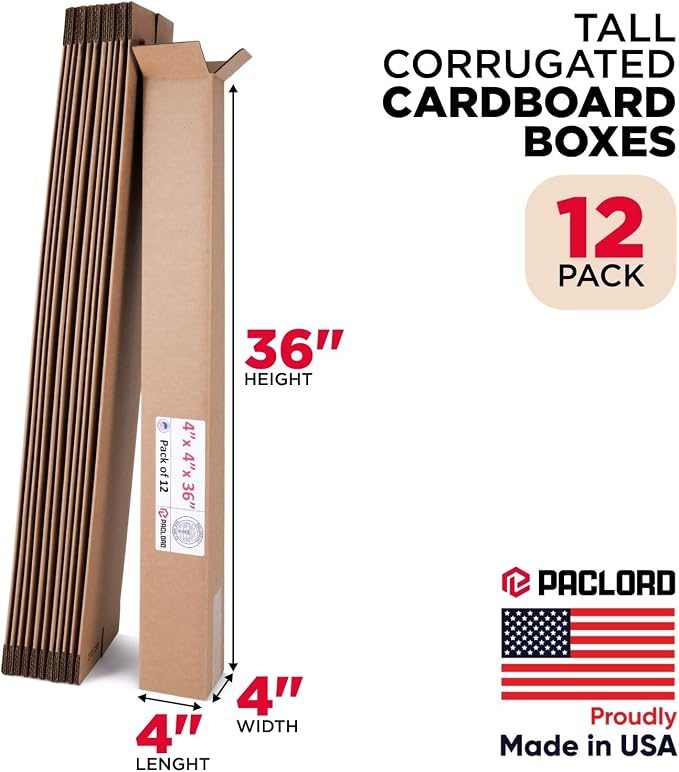 Tall Cardboard Boxes 4"L x 4"W x 36"H (Pack of 12) - USA-Made Packing Boxes for Moving, Shipping, or Storage - USPS, UPS, FedEx Approved - Professional Packing Supplies for Moving | USA-Made Packing Boxes for Moving, Shipping, or Storage - USPS, UPS, F...