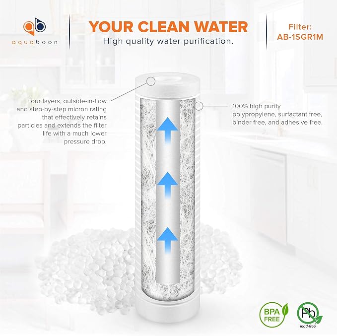Aquaboon Whole House 1 Micron 10 x 2.5 PP Grooved Sediment Water Filter Cartridge Replacement Compatible with AP110, WHKF-GD05, CFS110, P5, 25-Pack