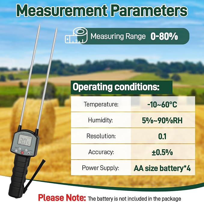 TK100H Hay Moisture Tester, Portable Accurate Hay Moisture Meter, Hay Moisture Tester Probe with Backlit Large Screen, Hay Tester Probe for Froage, Alfalfa Orchard Grass, Bales