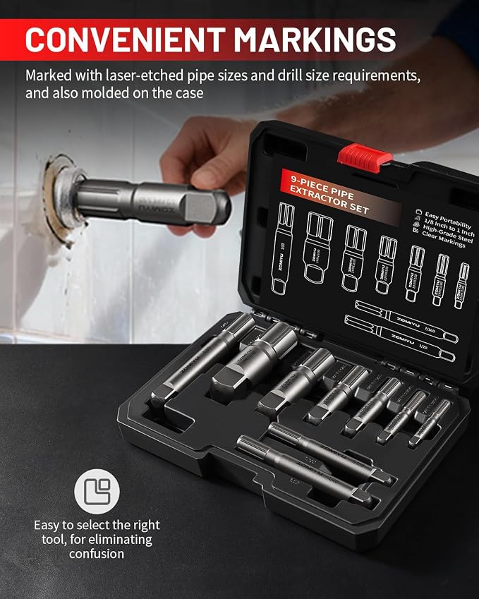 Pipe Extractor Set,Heavy Duty Steel Broken Pipe Extractors for Removing Damaged Threaded Pipes & Fittings from 1/8" to 1", with Durable Storage Case, Ideal Tools for Plumbers Mechanics DIY（9-Piece）
