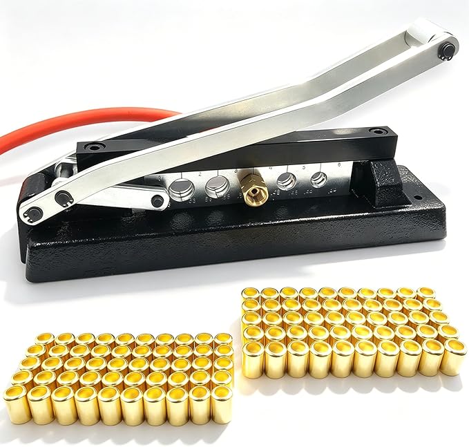 Heavy Duty Bench Hose Crimper for 1/4, 5/16, 3/8in ID Hoses, Hose Crimping Tool with 100 Ferrules Fittings (50x 0.593" ID& 50x 0.625" ID), Air Hose Repair Kit, Air Hose Crimper, Torch Hose Repair Kit