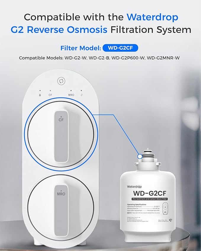 Waterdrop G2CF Filter, Replacement for G2 & G2P600 & G2MNR RO System | 12-Month Lifetime, Under-Sink Water Filter Replacement, Long Lifespan, High Capacity, Easy Replacement