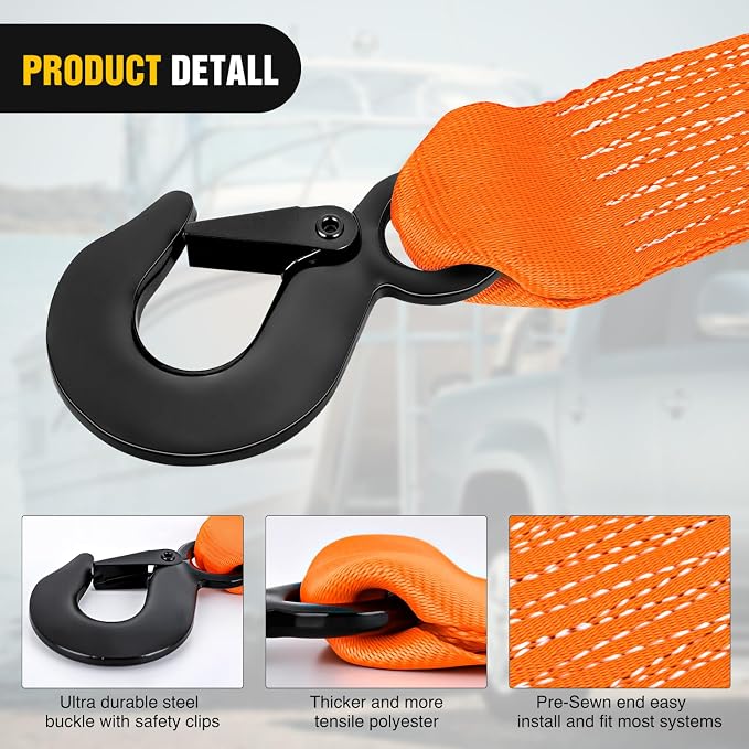 Boat Trailer Winch Strap 2 x 20Inch With Steel Hook 500 LBS Break Strength Winch Strap For Pontoon, Jet Ski, Fishing Boat