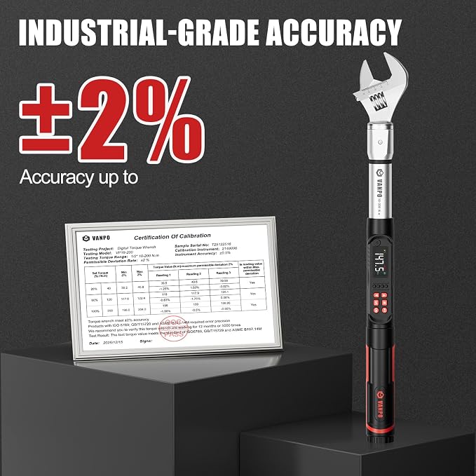 VANPO Adjustable Digital Torque Wrench, 7.38-147.5 Ft.lb/10-200Nm for HVAC | Electronic Torque Wrench with 38mm Jaw and 1/2" Ratchet, ±2% Accuracy, Buzzer, Vibration and LED Indicator for Split AC, Car