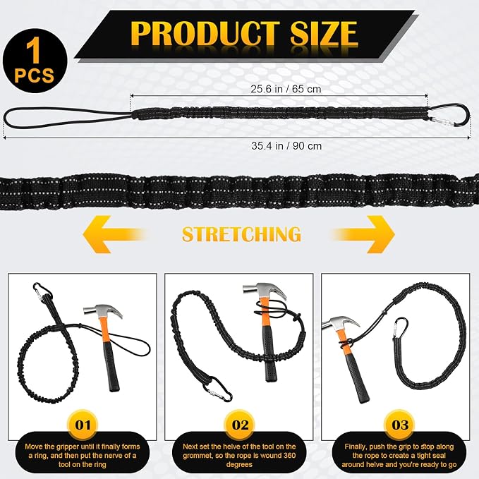 LEIFIDE 1 Pc Tool Lanyard Standard Length Safety Tool Leash 17.6lb 8kg Tough Adjustable Fall Protection Tether with Aluminum Screw Lock Buckle, Shock Cord Stopper and Retractable Loop End, Black