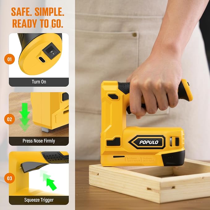 POPULO Electric Staple Gun, 2 in 1 Electric Stapler Tacker 4V Cordless Brad Nailer Kit, Battery Powered Nail Gun for Upholstery, Carpentry, DIY with Staple Remover, 1600 Staples and Nails, Yellow