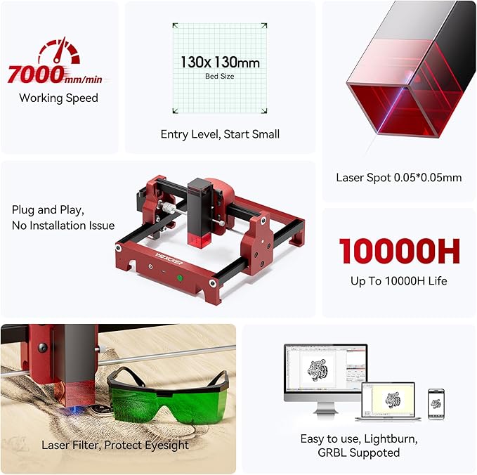 Laser Engraving Machine, Woxcker S1 3.5w Mini Laser Engraving Machine Portable 130mm*130mm Bed Size 0.05 Laser Spot for DIY, Wood, Acrylic, Leather, Leaf, Paper, Beginner-Friendly