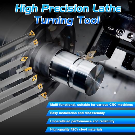 Indexable Lathe Turning Tool 21Pcs Kit 3/8'' 10mm Shank 7Pcs Metal Lathe Tools Holder Set & 14Pcs Turning Inserts for Turning Grooving Threading Boring, Lathe Tooling Ideal as Gift with Aluminum Box