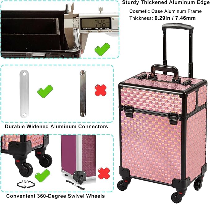 AROUS Rolling Makeup Train Case Cosmetic Travel Trolley with 4 Sliding Rail Trays, Removable Middle Layer, Key, Swivel Wheels, Aluminum Frame, Colorful, Salon Barber Traveling Cart Trunk
