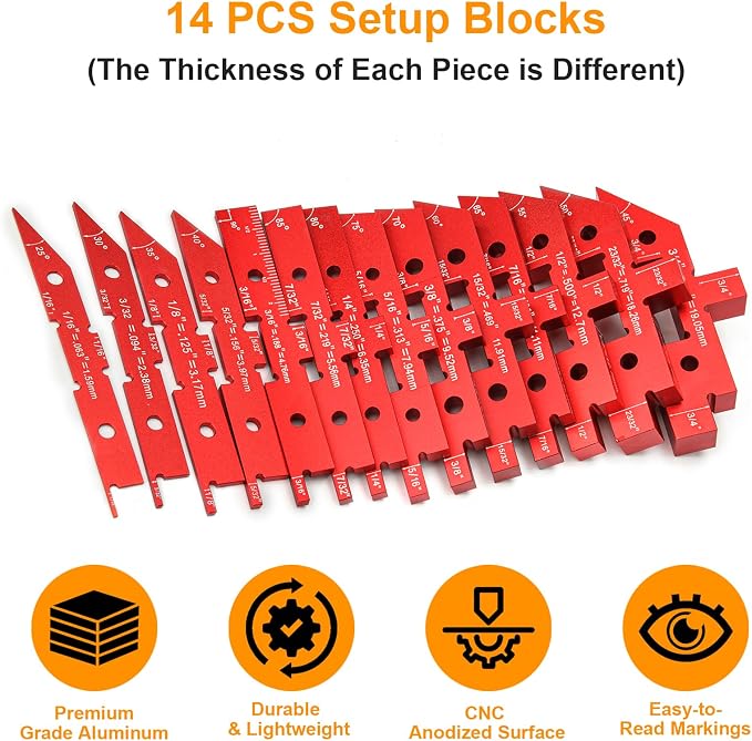Table Setup Blocks for Woodworking, 14pcs Aluminum Alloy Precision Set up Bars, Precision Height, Depth, Angle & Fence Alignment Gauge Set - Router and Saw Accessories with Storage Case