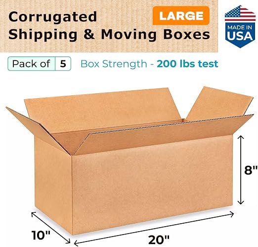 Large Shipping & Moving Boxes 20 x 10 x 8 inches (5-Pack) - Extra Strength 200 lb vs Regular - USA-Made Corrugated Moving Boxes for USPS/UPS - Strong Shipping Box - Cardboard Box by IDL Packaging