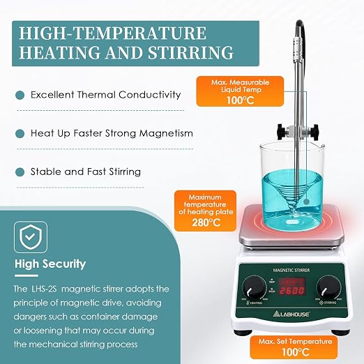 LHS-2S Digital Magnetic Stirrer Hot Plate, 100°C, 700-2600RPM, 2L | Max. settable temp 100°C/ 212℉, non-removable probe, Heated mixer lab stirring, PTFE stir bar, bar recycler, support stand