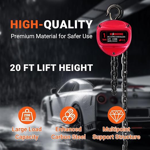 1 Ton Hand Chain Hoist 2200 Lbs Capacity 20ft Lift Manual Come Along Winch with G80 Steel Chain & Dual Hooks for Engine Lift, Warehouses, Automotive, Machinery