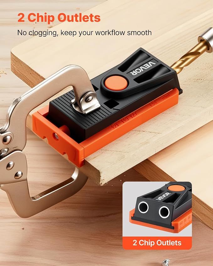 VEVOR Pocket Hole Jig Kit, 1/2 to 1-1/2 in Adjustable, Mini Jig Pocket Hole System with Step Drill, Hex Wrench, Drill Stop Ring, Square Drive Bit, and Screws, Reinforced Nylon Frame, for Woodworking