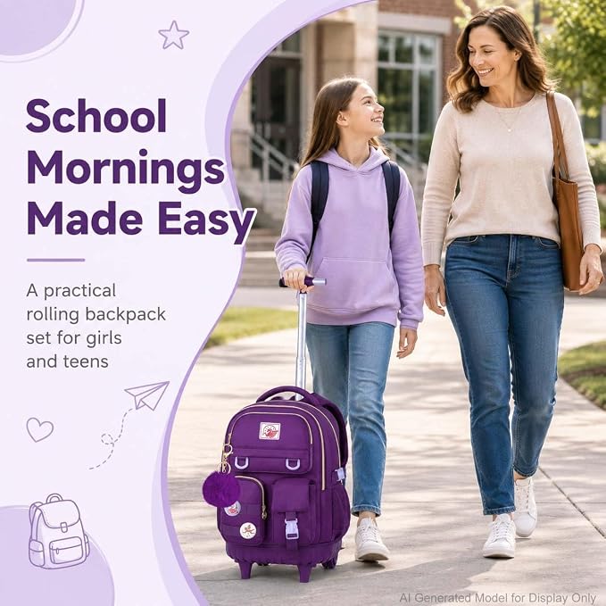 CCJPX 3PCS Rolling Backpack for Girls, Women Roller Bookbag with Lunch Box for Adults, Water Resistant Wheeled School Bag for Teens Kids Travel - Dark Purple