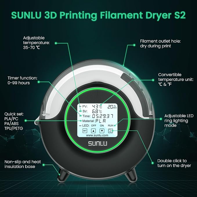 SUNLU S2 Filament Dryer, Black | Built-in Circulation Fan,70℃ Max Temperature,Dehydrator and Storage Box,For Nylon TPU PLA PETG ABS,1.75/2.85/3.00mm