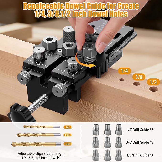 Dowel Jig Kit with Quick Positive Stop & Clamp, Adjustable Doweling Jig for 1/4", 3/8", 1/2" Drill Bits, Accurate Straight Holes for Any Thickness Wood Joints, Cabinet & Furniture