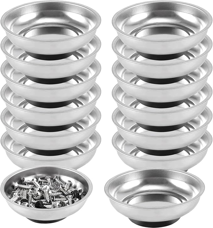 FUNSUEI 15 Packs 3 Inches Magnetic Tray, Stainless Steel Magnetic Bowl, Round Magnetic Parts Tray for Pins, Screws, Bolts, Nuts, Small Parts