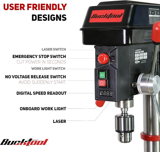 BUCKTOOL 12 INCH 6.2A Professional Bench Drill Press, 3/4HP Powerful Benchtop Drill Press, Variable Speed Drill Press with IIIA Laser and Work Light