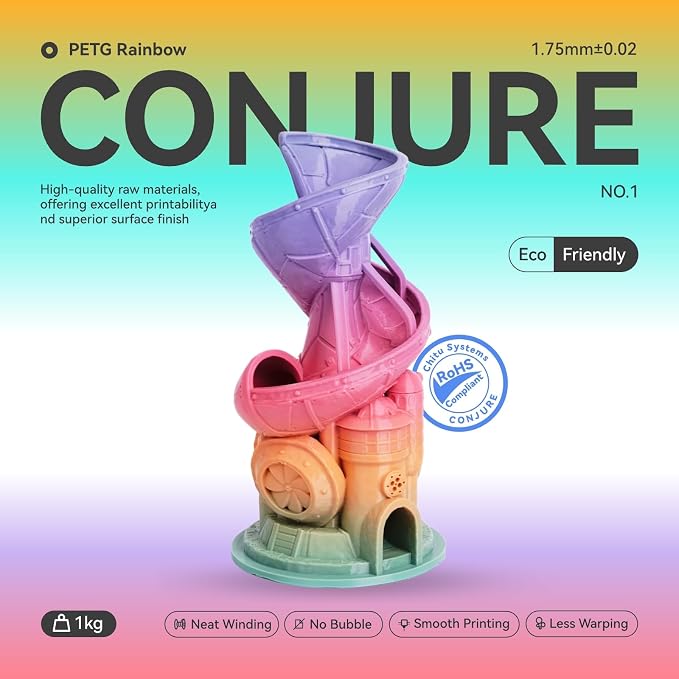 Conjure PETG Rainbow 3D Printer Filament, Candy Rainbow Green Pink Yellow Pureple Orange 1.75mm 3D Printing Filament 1KG/2.2lb