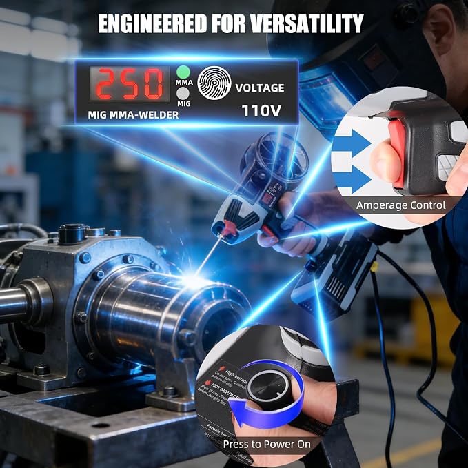 2 in 1 MIG and Stick Welder：250A MIG & MMA Welder 110V Flux Core IGBT Inverter Handheld Gasless Wire Feed Welder for Flux .032"/.040",Inverter ARC Welder Gun for 3/32"-1/8" Rod
