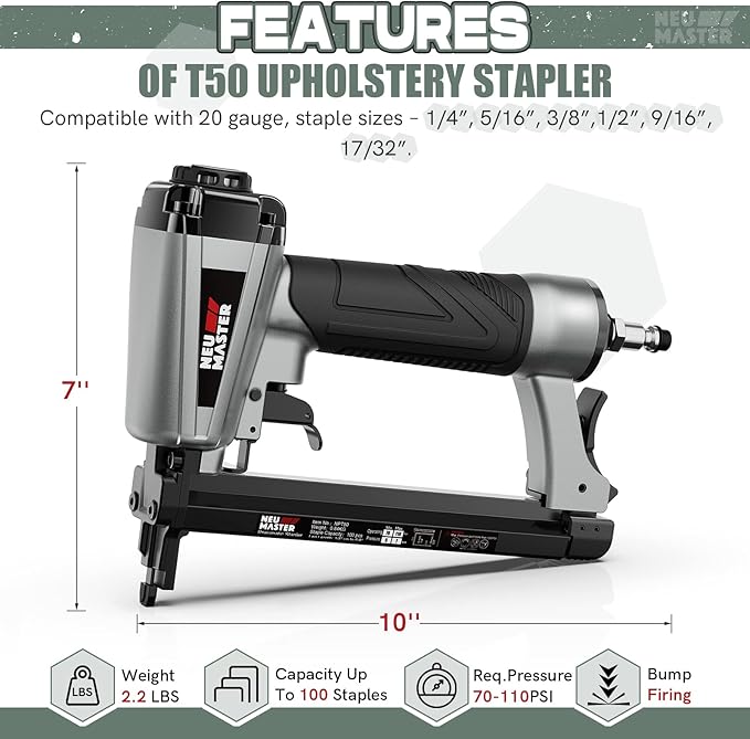 NEU MASTER Pneumatic Staple Gun 20 Gauge, Air Powered Upholstery Stapler with 1500pcs Staples (1/4"–5/8"), Lightweight Stapler for Woodworking, Furniture, DIY & Home Improvement