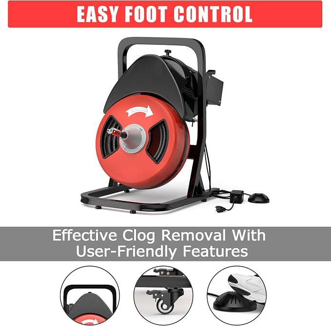 50FT 1/2 Inch Drain Cleaning Machine, Portable Electric Drain Auger with 6 Cutter & Air-Activated Foot Switch, Sewer Snake Drain Cleaner for 1" to 4" Pipes, Red