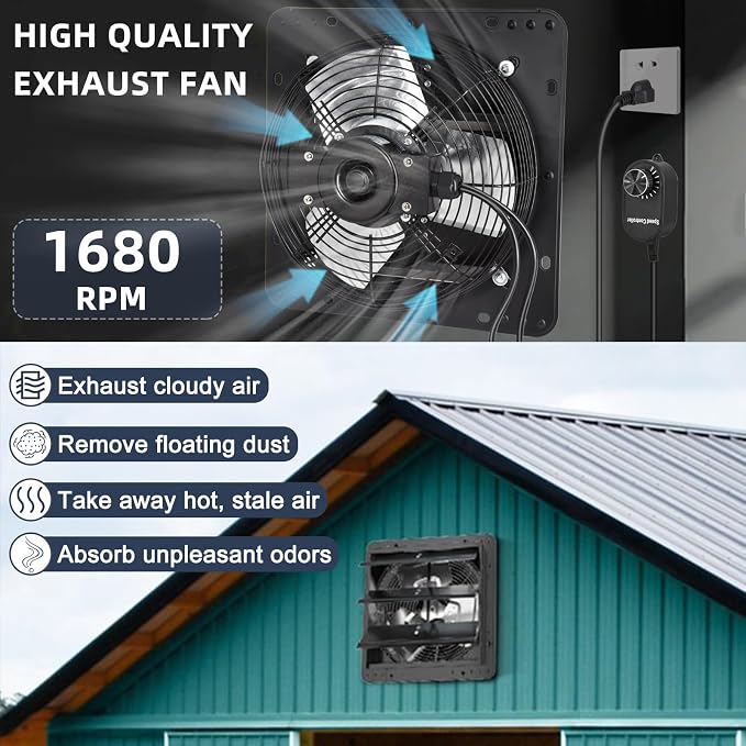 Criditpid 12 Inch Shutter Exhaust Fan with Speed Controller, 970 CFM High Speed Vent Fan with Adjustable Thermostat, 1700 RPM Wall Mounted Kitchen Exhaust Fan for Attic, Garage, GableVentilation.