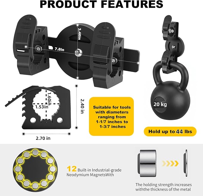 Magnetic Tool Holder for Truck, Double Tier No-Drill Quick Release Shovel Mount Bracket for Utility Tool Organizer Rubber Clamp for Garage, RV, Trailer, Cruise, ATV Storage Molle Panel Accessories