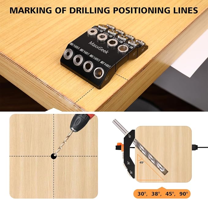 MaxxGeek Drill Guide for 30 38 45 90 Degree Angled and Straight Holes, Added 38 Degree Portable Drill Guide for Deck Stair Handrail and Horizontal Cable Wood Post （without Drill Bit）