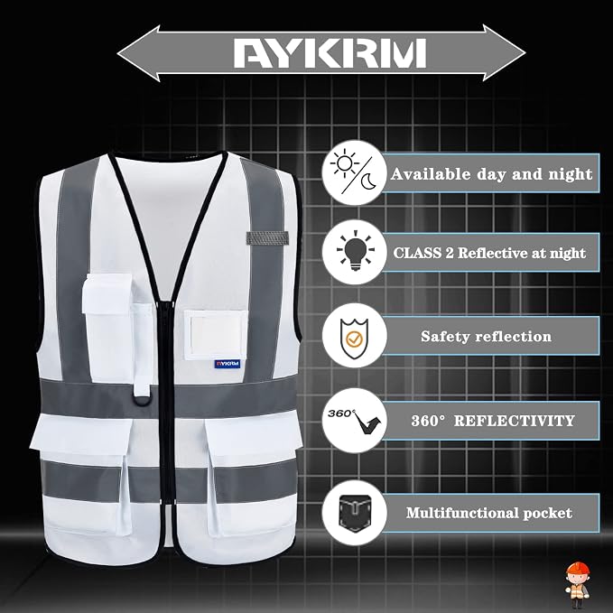 A-SAFETY Reflective Construction Vest, Multi-Color, Front Zipper, White, S | White S work vest with transparent ID pocket, radio mic loop and reflective strips for auditing and authorized visitors.