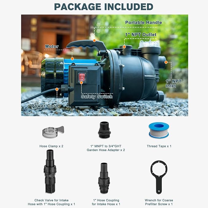 FLUENTPOWER 1.5HP Portable Garden Booster Pump with Prefilter, 1200GPH, Lift 151FT, Shallow Well Jet Pump, Water Transfer Draining Pump for Home Garden Lawn Sprinkler Irrigation