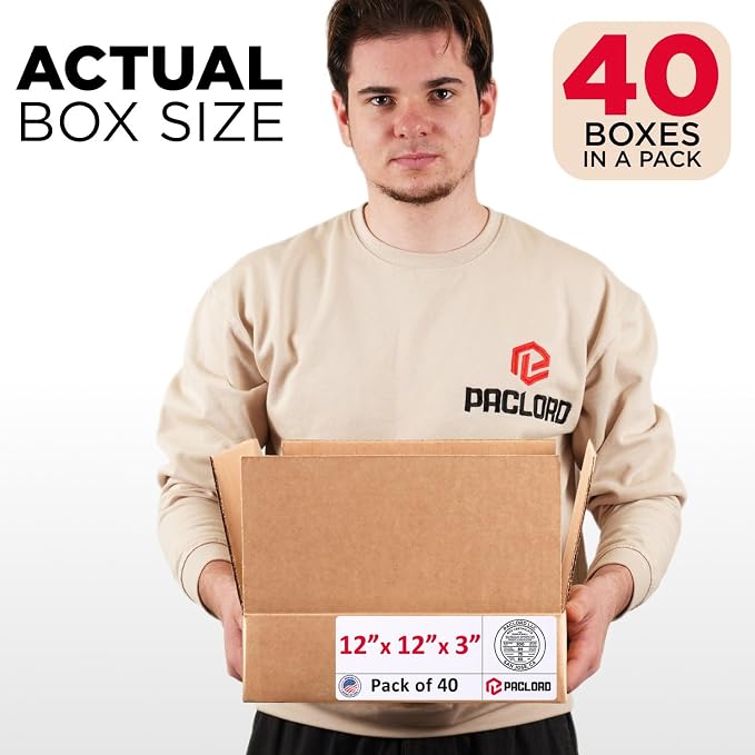 Flat Cardboard Boxes 12"L x 12"W x 3"H (Pack of 40) - USA-Made Packing Boxes for Moving, Shipping, or Storage - USPS, UPS, FedEx Approved - Professional Packing Supplies for Moving | USA-Made Packing Boxes for Moving, Shipping, or Storage - USPS, UPS, ...