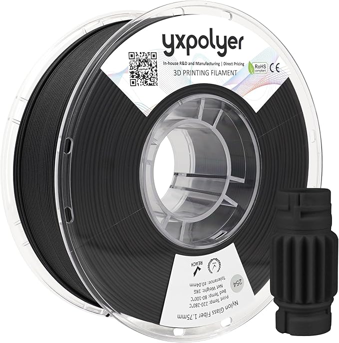 YXPOLYER Nylon Glass Filled Filament Black Nylon Glass Fiber 3D Printer Filament PA6-GF 1kg with Reusable PC Spool
